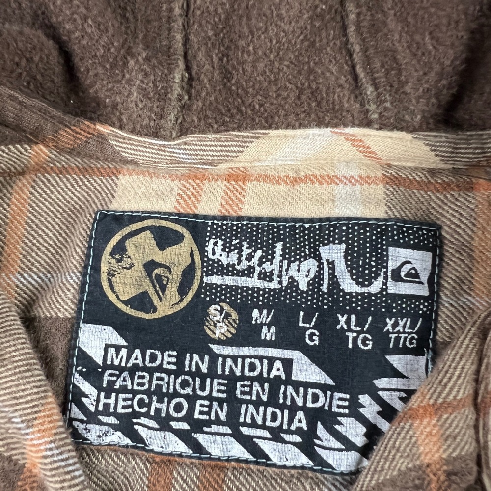 Y2K Quiksilver Hooded Flannel Shirt Mens Small Brown Plaid Skater Surf Beach - Picture 2 of 7